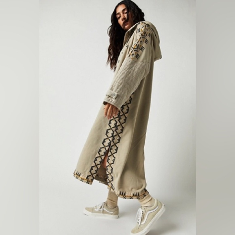 Free People Nomad Poncho Aztec Hoodie Long Length Size Small Cream Western
